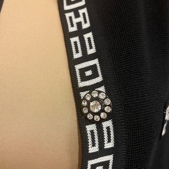 Two Two Boutique Black Cardigan,White Geometric Trim, Crystal buttons, size L - Picture 2 of 10